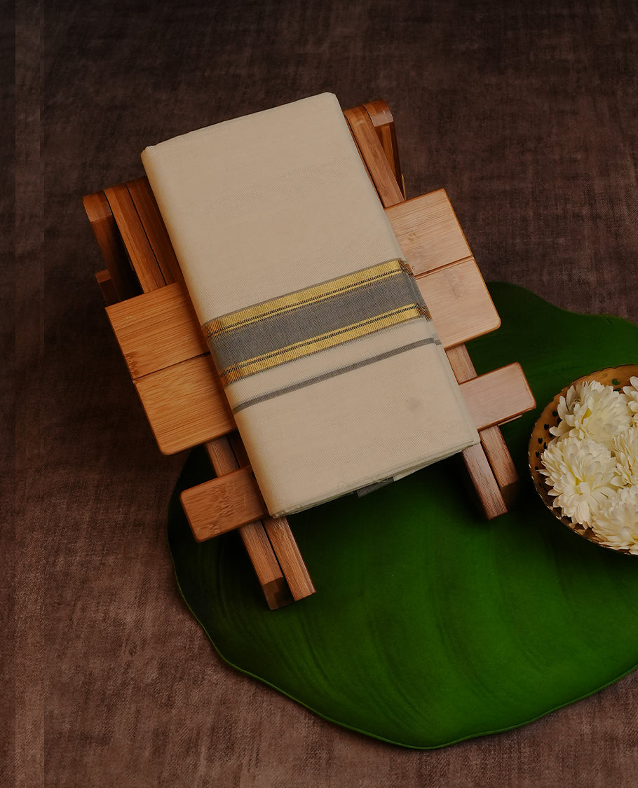 Cream  Colour Cotton Double Dhoti Finished Plain Body  With A Classic Grey & Gold Kara
