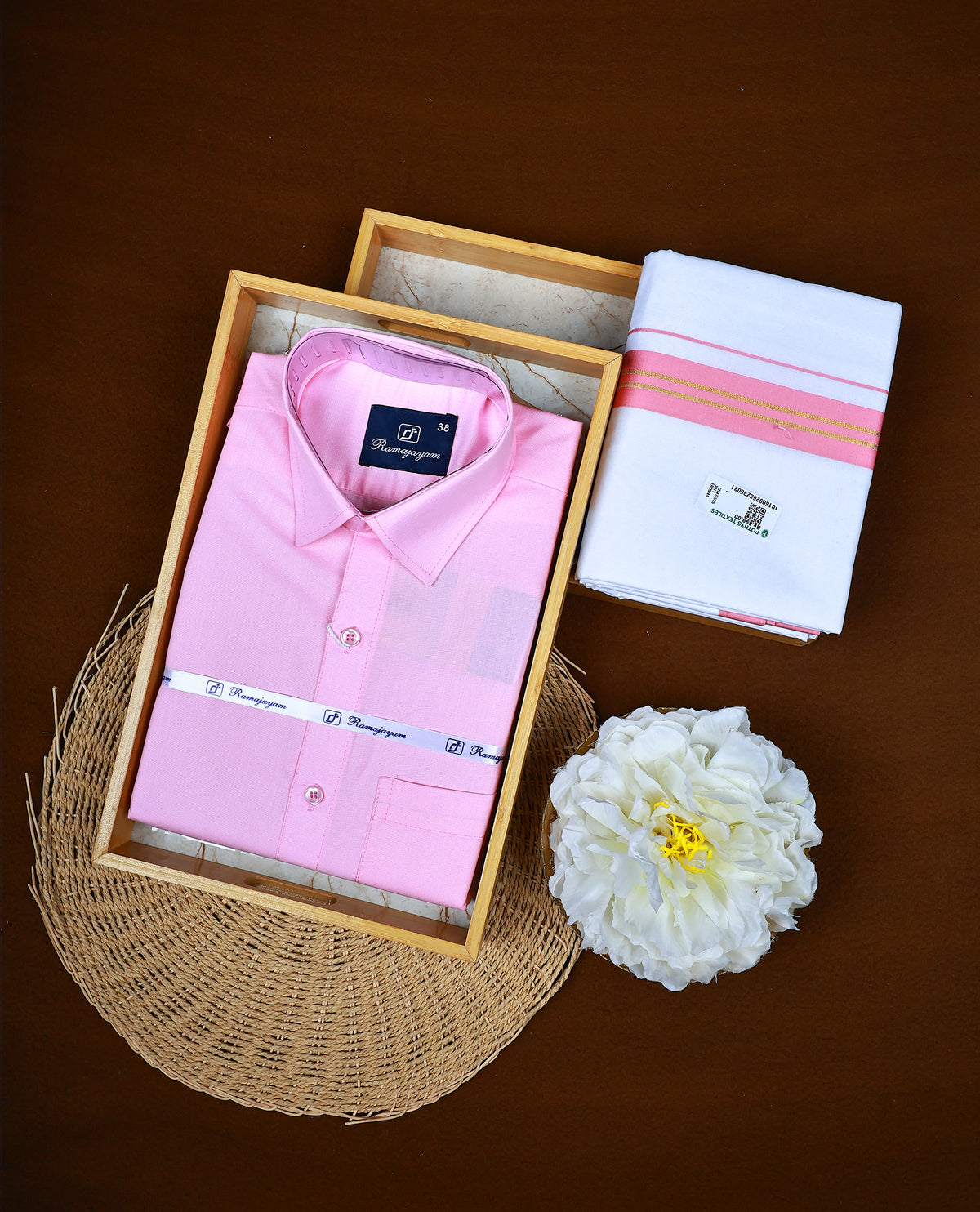 Pink colour RAMAJAYAM shirt paired with a matching dhoti, finishing with a Pink kara