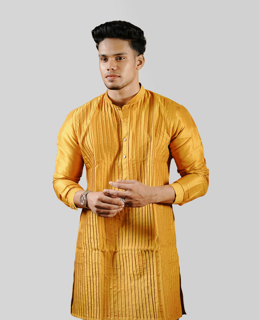 Mustard colour men's kurta featuring elegant Pintuck work on the body, complemented by full sleeves for a refined and festive look.
