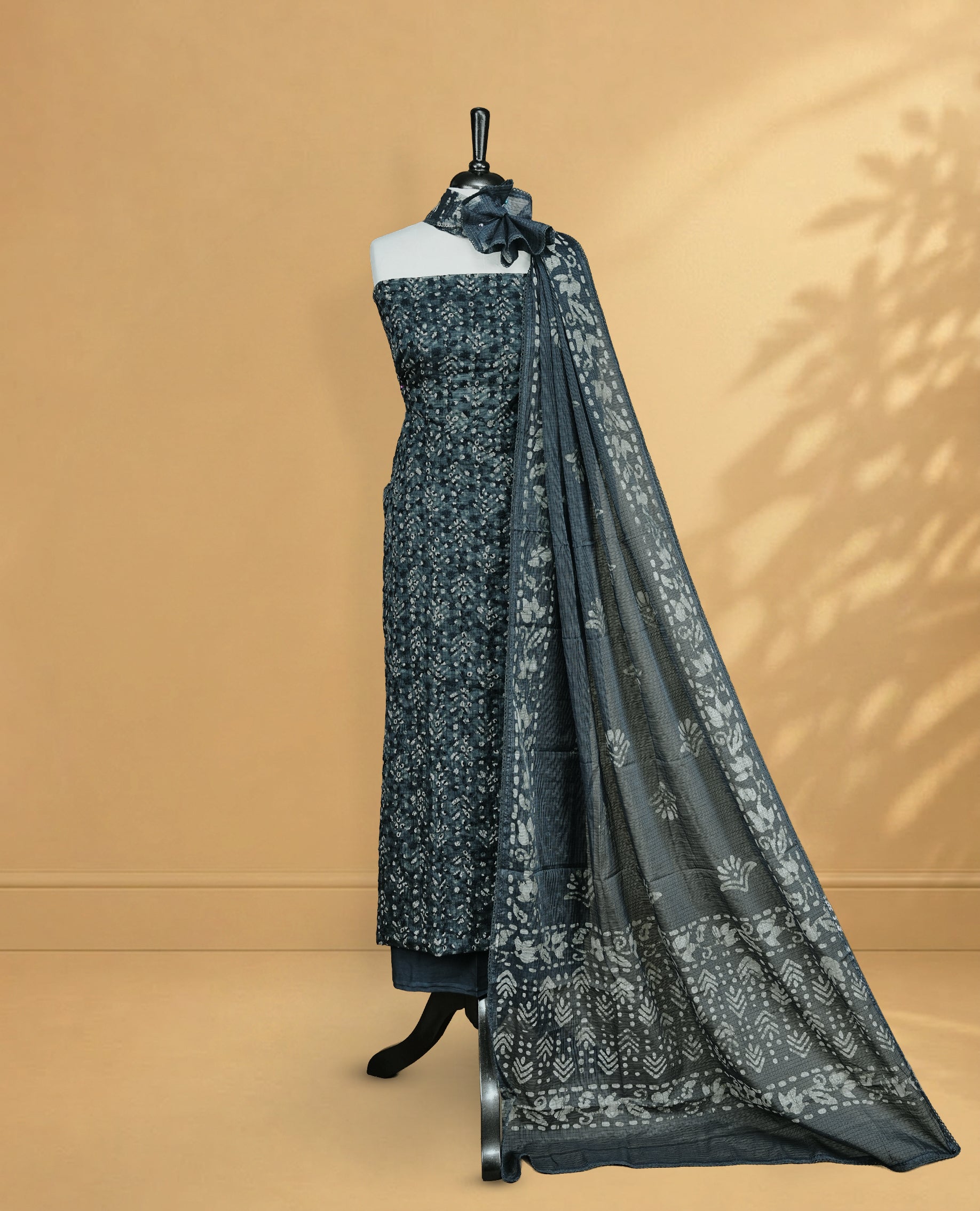 Greenish Black Colour Salwar Material Featuring Hakoba Pattern on body, paired with matching bottom & Elegant Dupatta For All go occasion Wear.