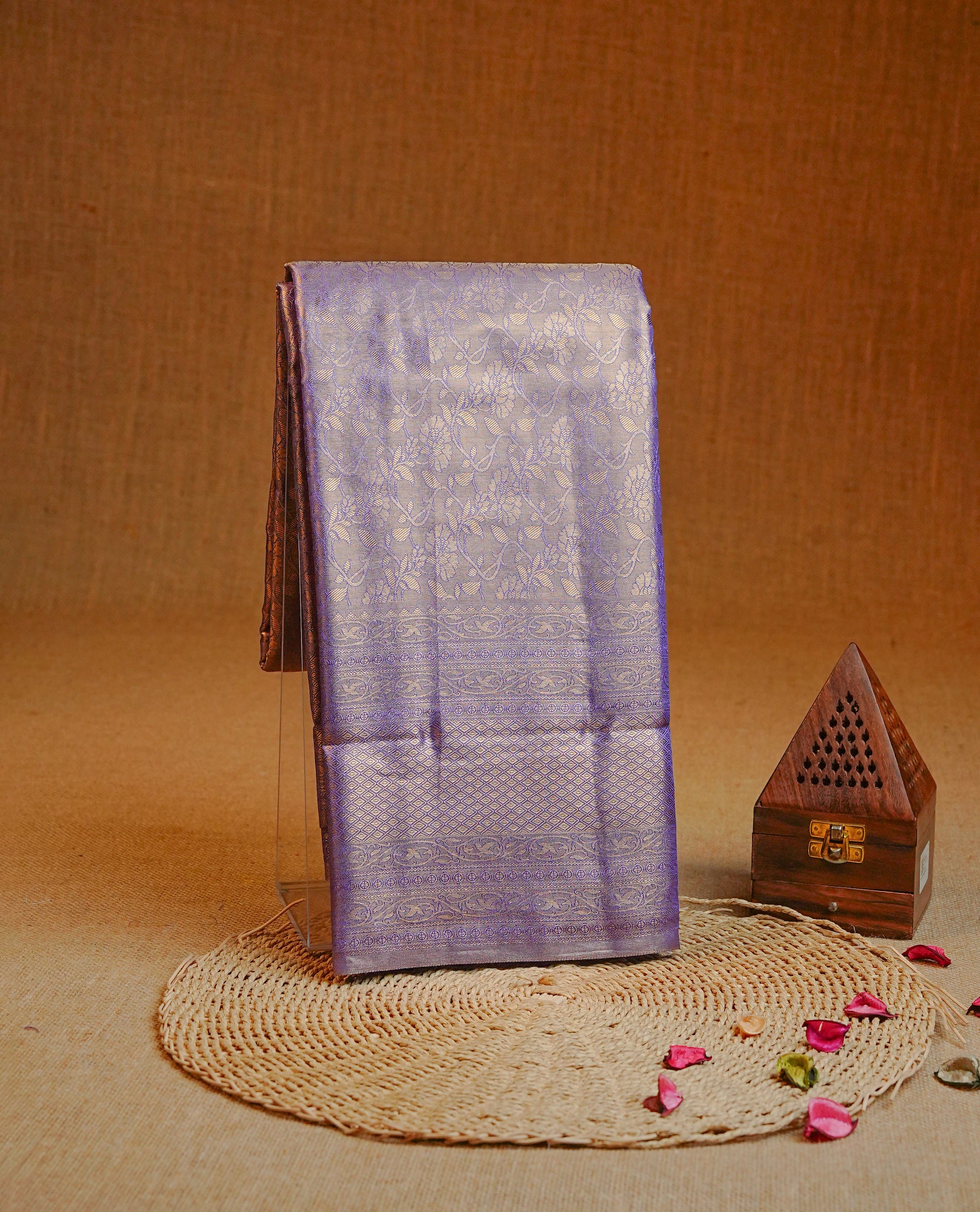 Violet & Gold colour Double shade Semi tissue silk saree featuring Gold zari kodi pattern on body, self colour with traditional border, paired with matching.
