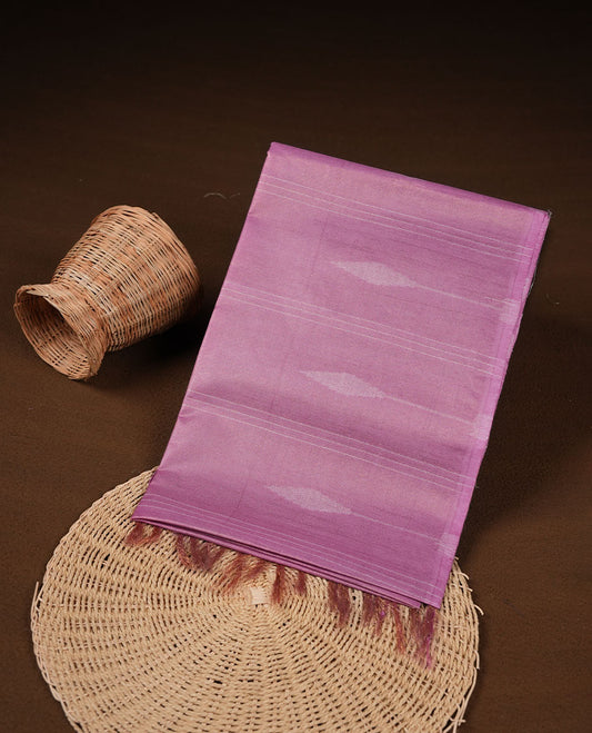 Pink colour semi jute saree highlighting gold zari striped body, without border and paired with matching blouse.