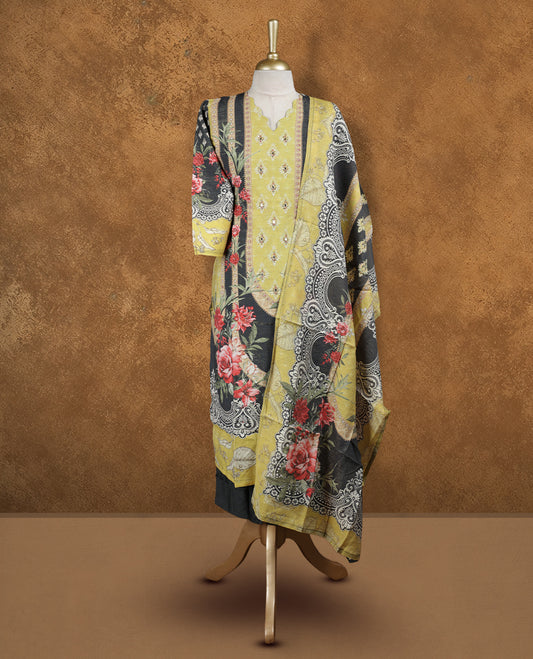 Black and Lemon colour churidar set featuring Beats embroidered neckline, sleeves, and Floral printed patternon body , Paired with a matching dupatta