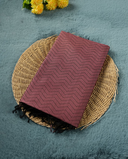 Pastel Dark Pink Poly Cotton Saree with Black Zigzag Body Pattern, Matching Pallu in Black Chevron Lines & Panelled Floral-Paisley Design, and Coordinated Floral Paisley Printed Blouse Piece.