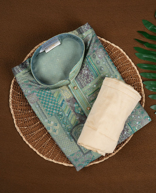 Sea Green Semi Silk Kurta Set with All Over Patchwork Style Digital Print, Mandarin Collar with Embellished Placket, Full Sleeves, and Matching Off White Bottom.