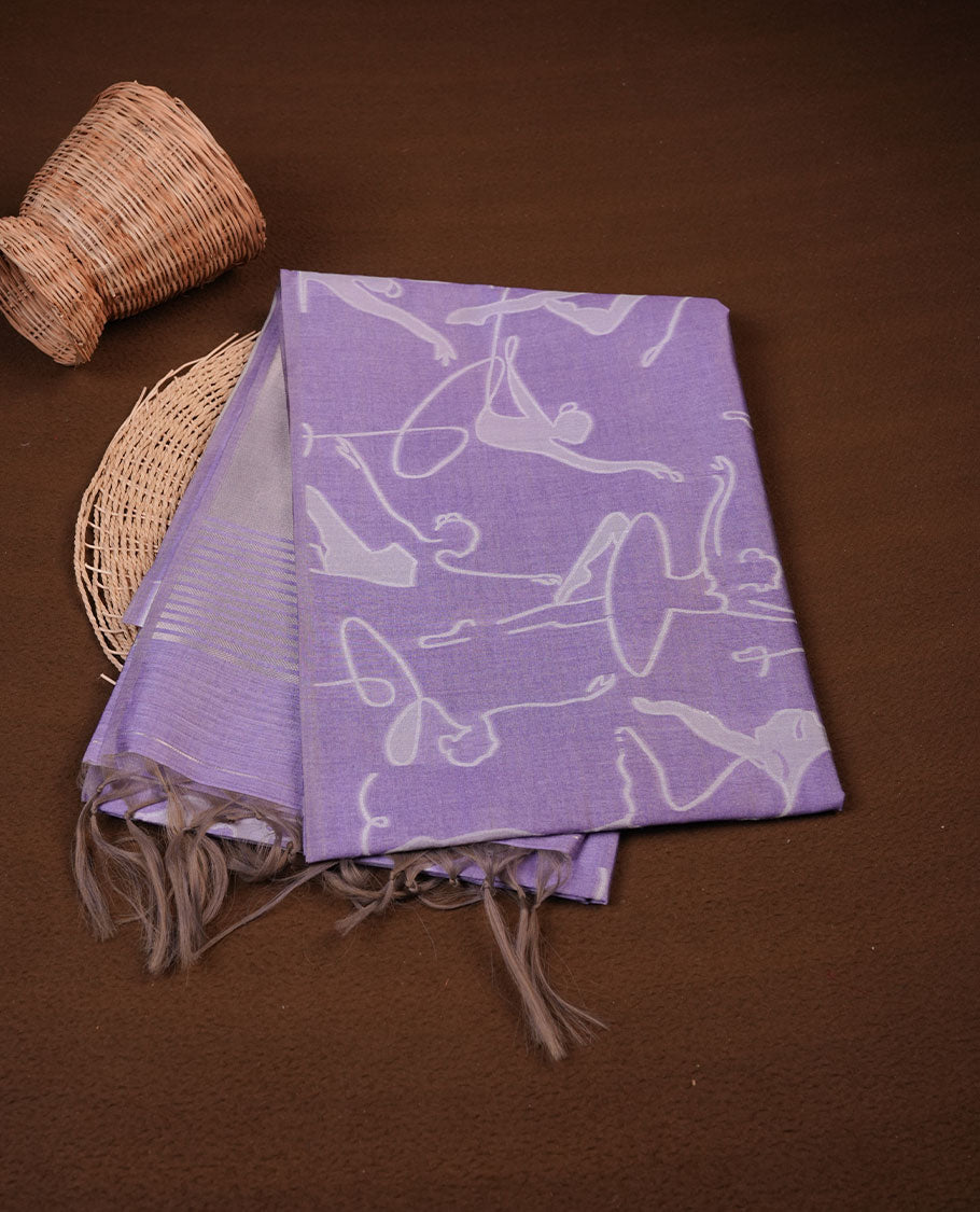 Lavender colour semi tussar silk saree, featuring an intricate white dancing women motif on the body and pallu with gold zari , comes with matching blouse.