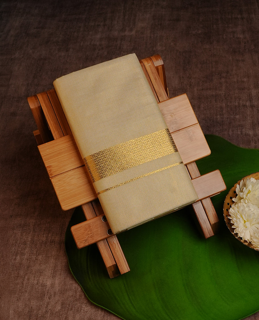 Cream Colour Tissue Double Dhoti Finished With A Classic Golden Zari Kara with Maroon colour digital print