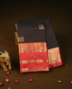 Dark chocolate colour semi wedding silk saree featuring gold zari stripes with box on body, contrast red colour with gold zari traditional border on body, rich pallu comes with matching blouse piece
