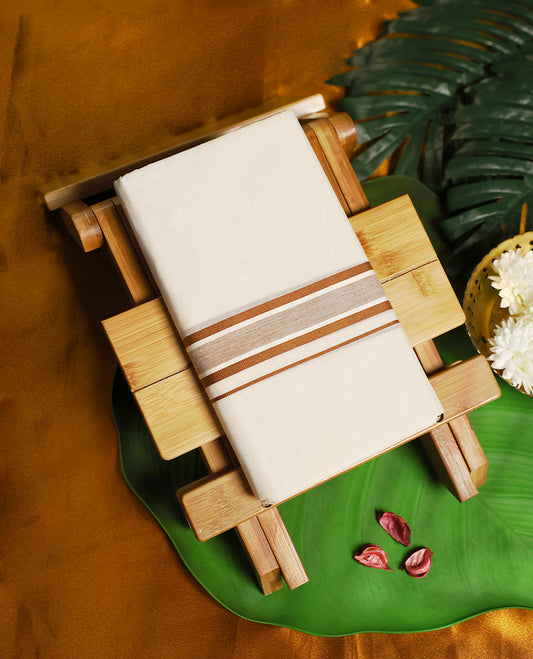 Elegant off white colour pure cotton double dhoti, designed with a refined olive brown border, A subtle and classic choice, perfect for traditional ceremonies, weddings, and festive occasions.