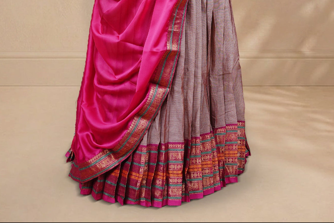 Golden & Pink double shade colour Half saree featuring Plain skirt with Zari border on contrast Magenta colour border, Unstitched Blouse and matching dupatta.