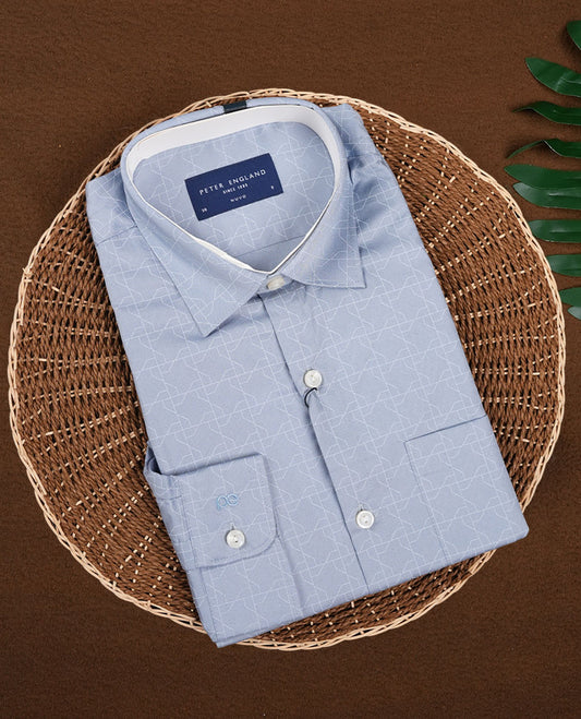 Slate blue Peter Eglend men’s cotton shirt in a relaxed formal fit, featuring an all over geometric self-design, full sleeves, classic collar, and chest pocket perfect for office and semi formal occasions.