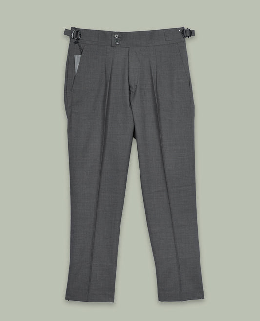 Charcoal grey colour men’s pant featuring a clean waistband with side buckle adjusters, neat front pleats, slant pockets and back welt pockets, finished with a straight leg fit.