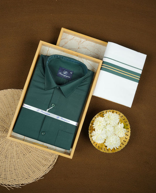Dark green Colour shirt paired with a matching dhoti, finished with a dark green and gold border.
