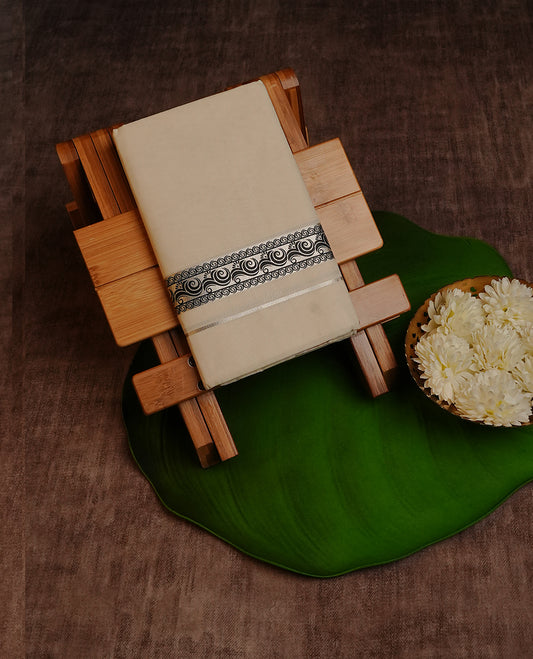 Cream Colour Cotton Double Dhoti Finished With A Classic Body , A  Light Gold  & Black Printed Kara