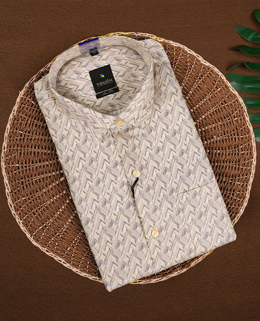Cream colour patterned shirt with a classic spread collar and full sleeves, Designed with a modern geometric print, this shirt offers premium comfort and timeless style.