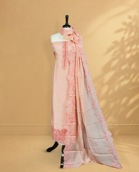 Baby Pink colour Salwar material Featuring Thread worked Body, Paired with Matching Bottom, Scalp Detailed Dupatta.