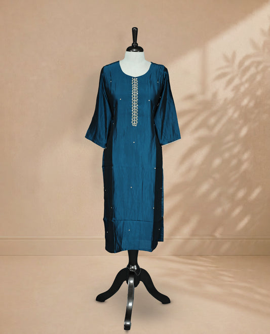 Peacock  Colour Kurti featuring beadwork across the body, a U-shaped neckline adorned with bead and Stone work and a 3/4 Sleeve With A Matching design.