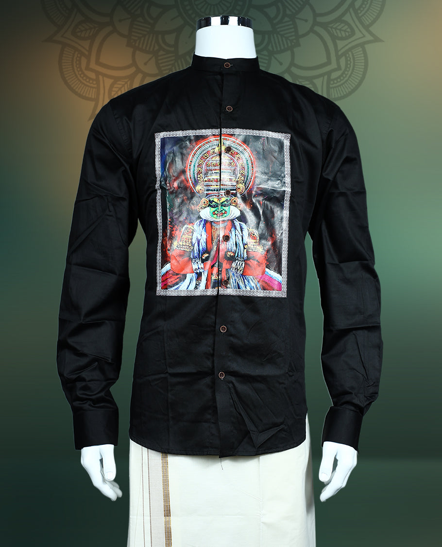 Stylish black cotton shirt featuring a vibrant Kathakali themed digital print on the front panel, designed with a mandarin collar and button down closure, perfect for cultural events and festive occasions.