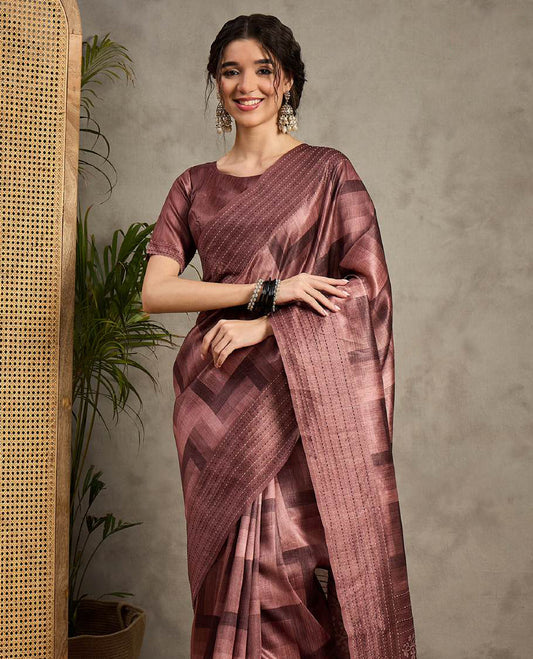 Brick Brown toned semi Tussar saree featuring contemporary fancy prints across the body, enhanced with a subtle Katha style stitched border, paired with a matching blouse for a stylish and elegant ethnic look.