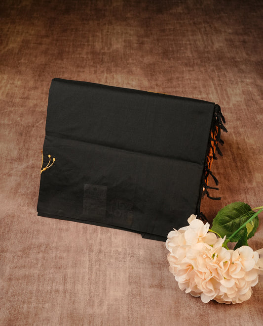 Black Polycotton Saree featuring elegant Butterfly ajrakh designs on the body, complemented by a matching pallu & Paired with a contrasting mustard printed blouse piece