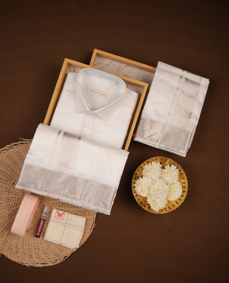 White silver colour MINISTER WHITE shirt paired with a matching dhoti, finishing with a silver border