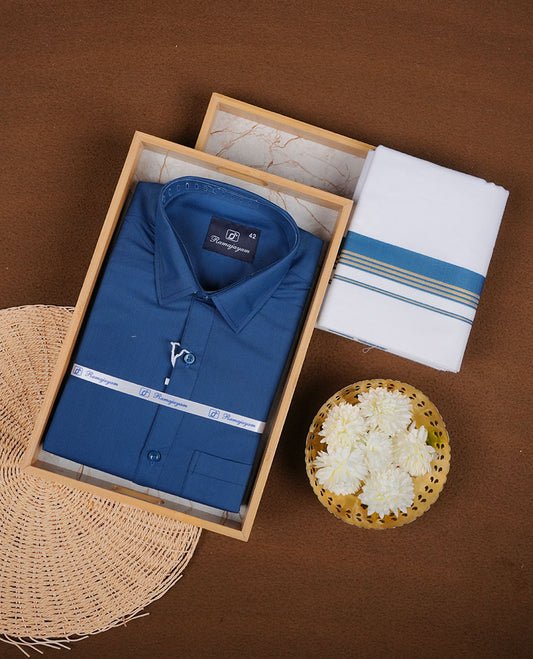 Dark Blue Colour shirt paired with a matching dhoti, finished with a blue and gold border.