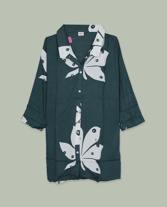 Dark green printed shirt top featuring a spread collar, button-down front, and three-quarter sleeves with cuff detail, finished in a relaxed longline fit.