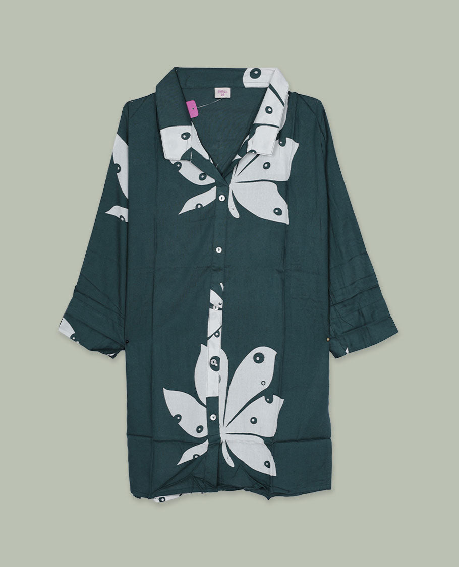 Dark green printed shirt top featuring a spread collar, button-down front, and three-quarter sleeves with cuff detail, finished in a relaxed longline fit.