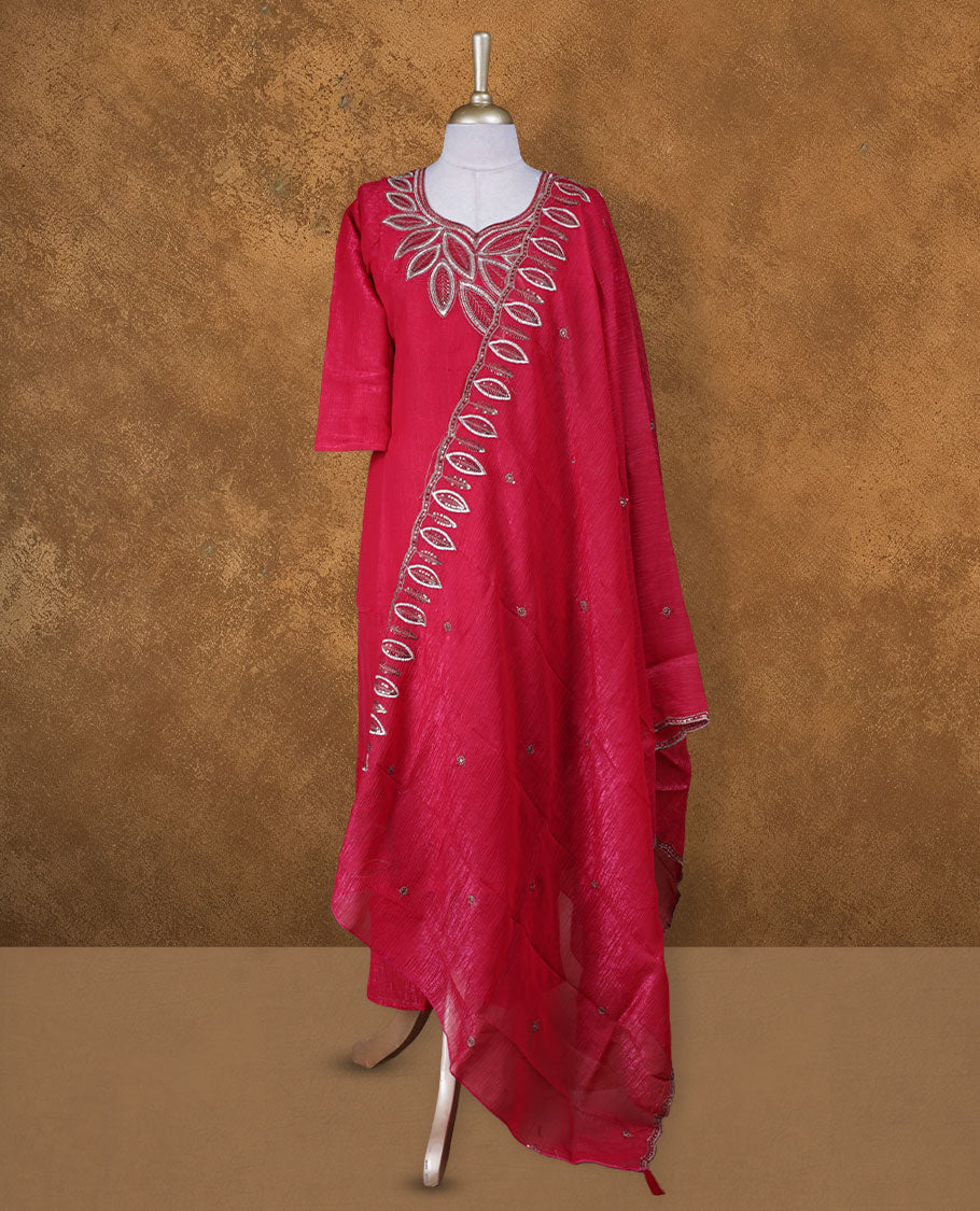 Red colour churidar set featuring thread and embroidered Leaf pattern neckline, sleeves, and thread embroidery on body , Paired with a matching dupatta