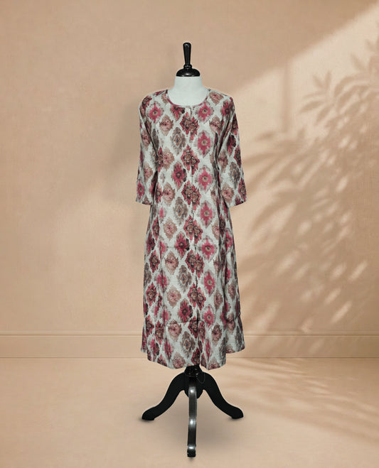 Grey colour  Kurti featuring digital prints on the body, a U-shaped neckline with buttons, and 3/4 sleeves.