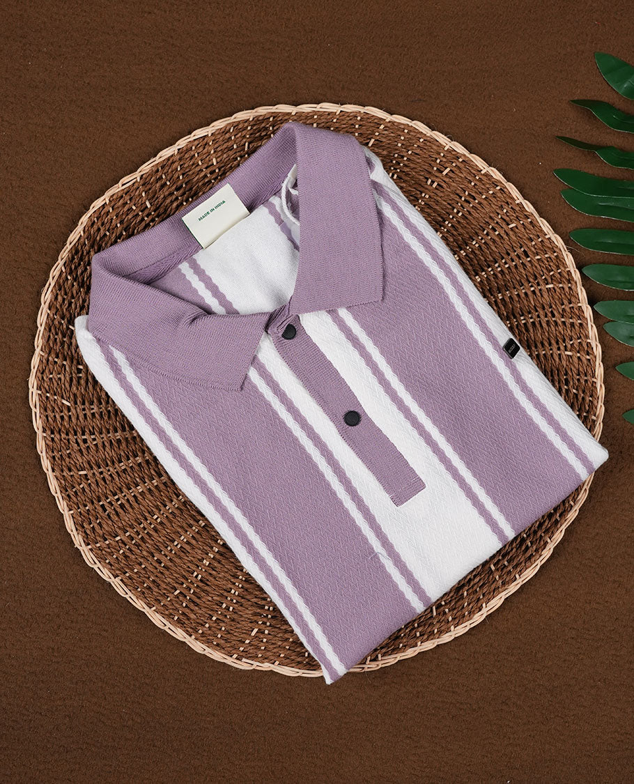 Mauvo and white striped men’s polo T shirt featuring a classic collar with button placket, short sleeves, and a regular fit crafted from soft, breathable fabric for everyday comfort and style