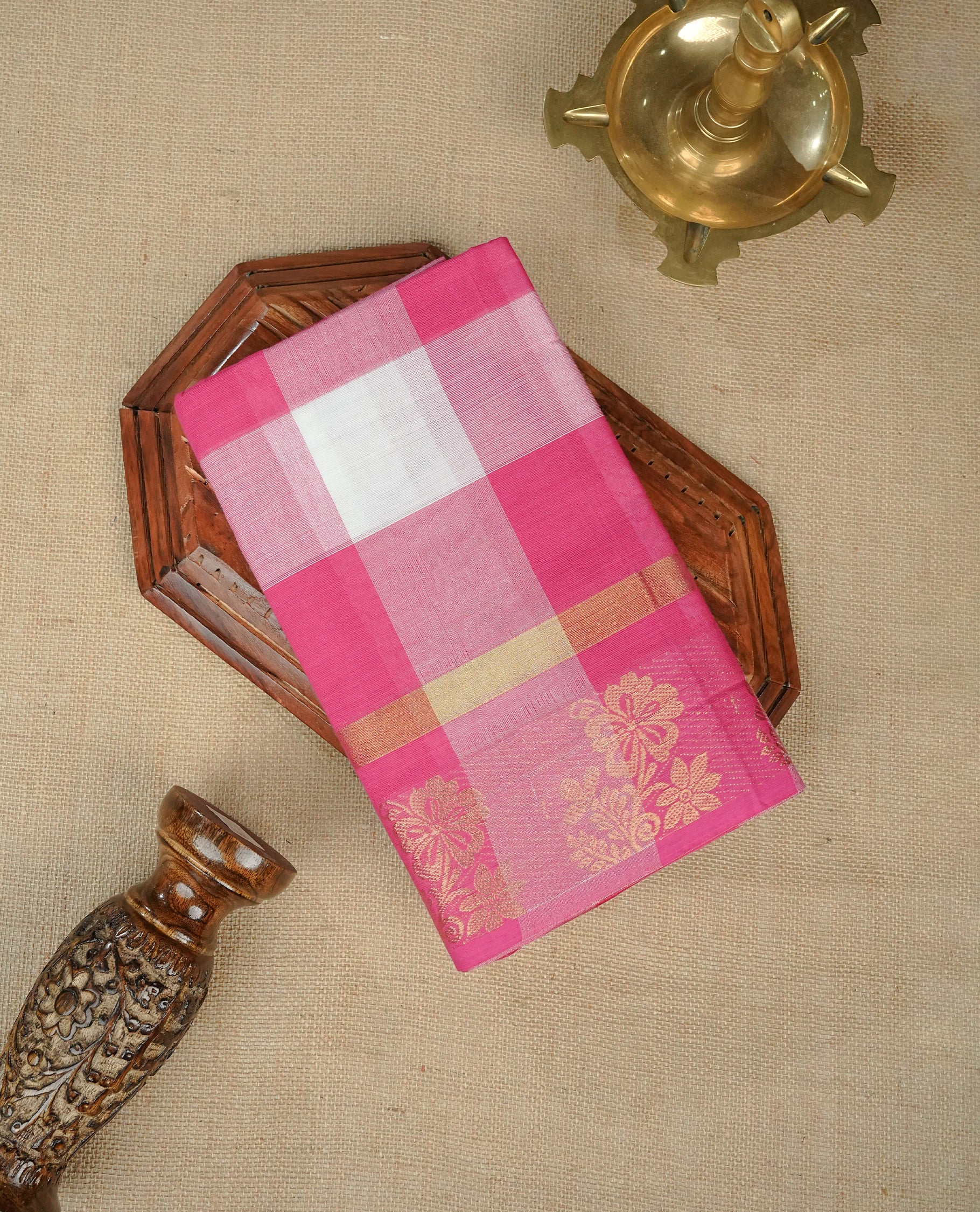 Pink & White colour chettinad cotton saree featuring check pattern on body, complemented by Self Colour with gold zari border, comes with matching blouse piece.
