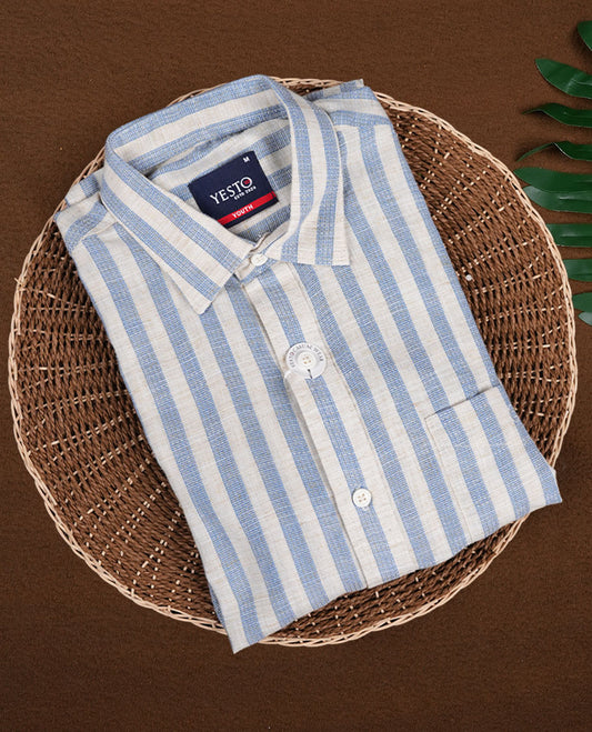 Beige and pastel blue colour striped shirt in soft cotton, featuring vertical lines for a sleek, timeless look, Designed with a classic collar and full sleeves, it blends effortless style with everyday comfort.
