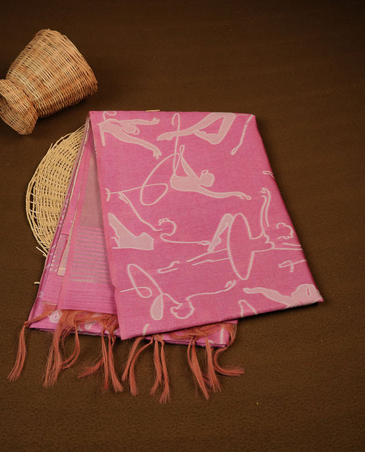 Pink colour semi tussar silk saree, featuring an intricate white dancing women motif on the body and pallu with gold zari , comes with matching blouse.