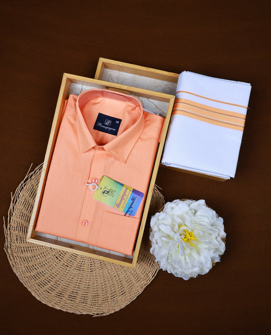 Orange colour RAMAJAYAM shirt paired with a matching dhoti, finishing with a orange kara