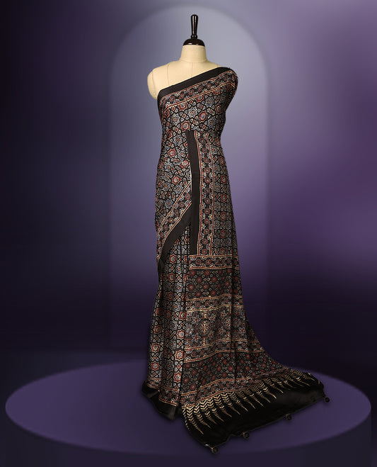 Black colour saree featuring intricate multicolour ethnic prints across the body and pallu, highlighted with a subtle golden border and traditional motifs, paired with a matching blouse.