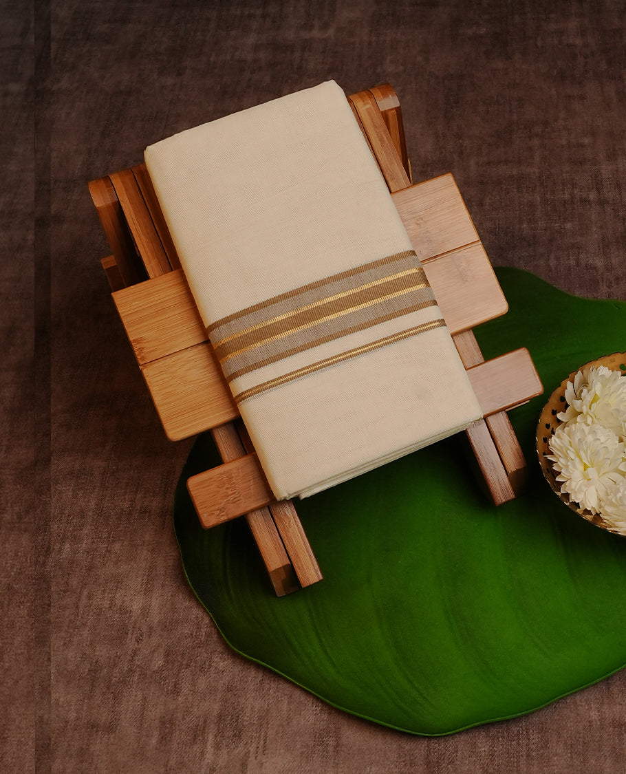 Cream  Colour Cotton Double Dhoti Finished With A Classic Gold Kara