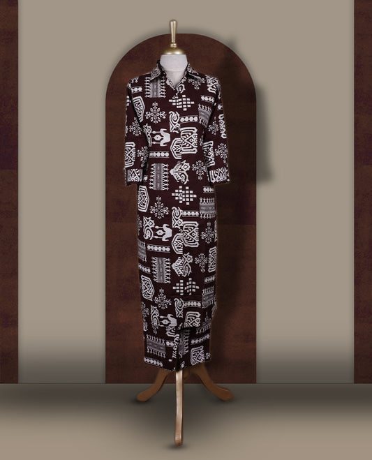 Deep brown colour cotton coord set featuring charming bold off white prints all over, Designed with a classic shirt collar and 3/4 sleeves, paired with matching straight pants for a trendy, relaxed, and comfy everyday look.