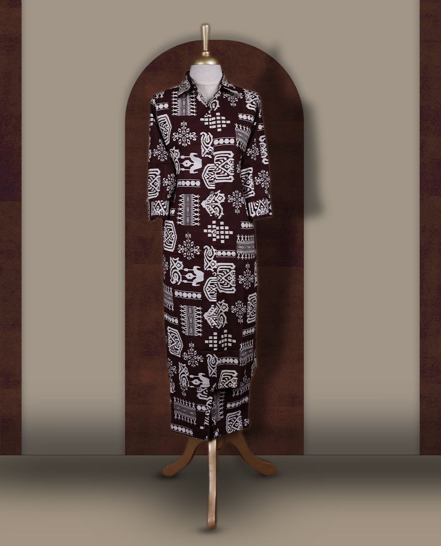 Deep brown colour cotton coord set featuring charming bold off white prints all over, Designed with a classic shirt collar and 3/4 sleeves, paired with matching straight pants for a trendy, relaxed, and comfy everyday look.