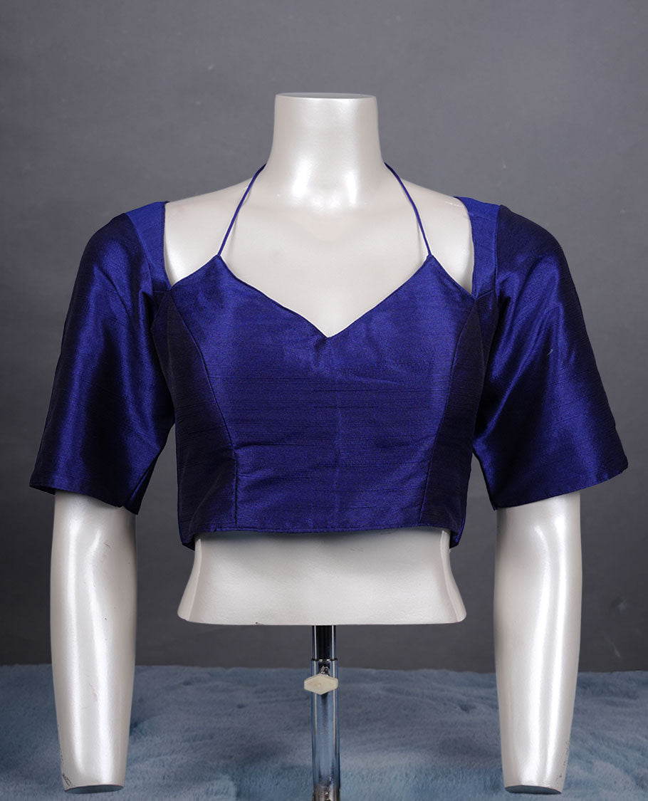 Dark Blue colour silk padded readymade blouse with elbow-length sleeves, a V-neck front, and a deep U-back with tie-up dori.