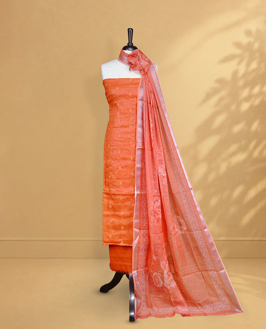 Orange Colour Salwar material Featuring Embroidery work on body, paired with Matching Bottom and same Patterned Dupatta.
