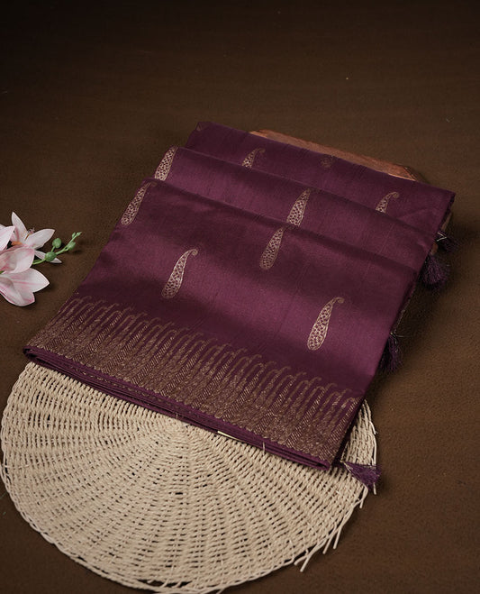 Chocolate brown colour semi banaras tussar georgette featuring gold zari leaf pattern across body, finished with gold zari border and paired with matching blouse.