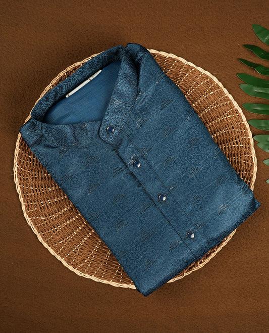 Dark teal colour mens kurta featuring elegant self colour embroidery across body & Crafted in a refined style with full sleeves, offering a perfect blend of tradition.