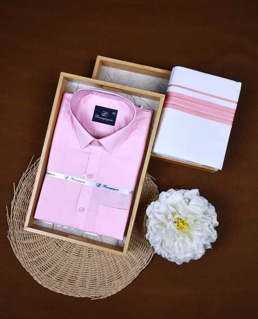 Pink Colour  RAMAJAYAM shirt paired with a matching dhoti, finishing with a Pink & gold kara