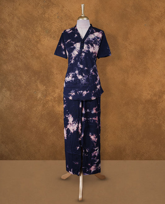 Dark blue colour coord set with styled with a V with botton neckline & sleeve, dye pattern on body, knee length design, with matching bottom .