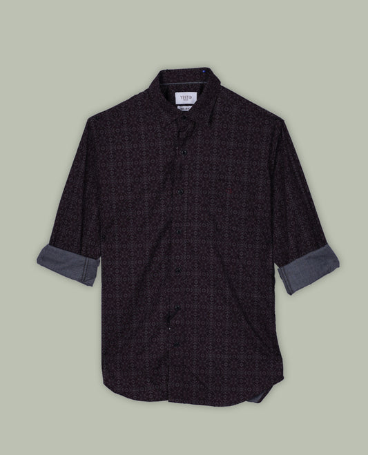 Brown colour shirt with soft floral prints all over, featuring a classic collar and full sleeves for a refined look.