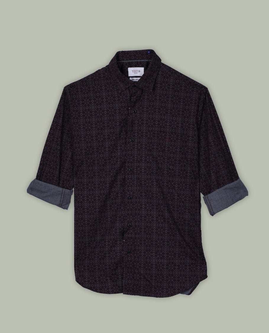 Brown colour shirt with soft floral prints all over, featuring a classic collar and full sleeves for a refined look.