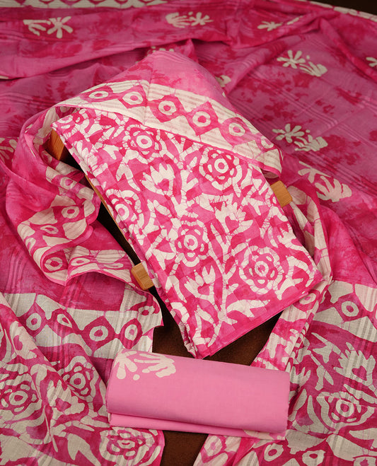 Pink colour churidar material featuring white floral printed body, paired with a matching chevron printed dupatta.