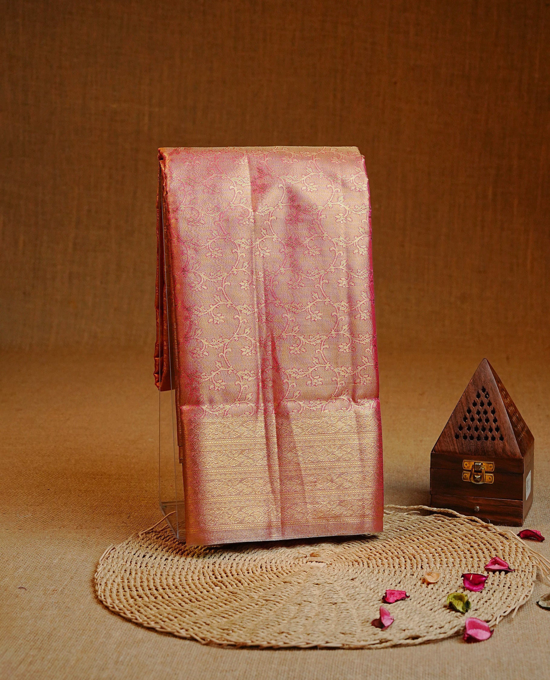 Pink & Gold colour Double shade Semi tissue silk saree featuring self color kodi pattern on body, self colour with traditional border, paired with matching.