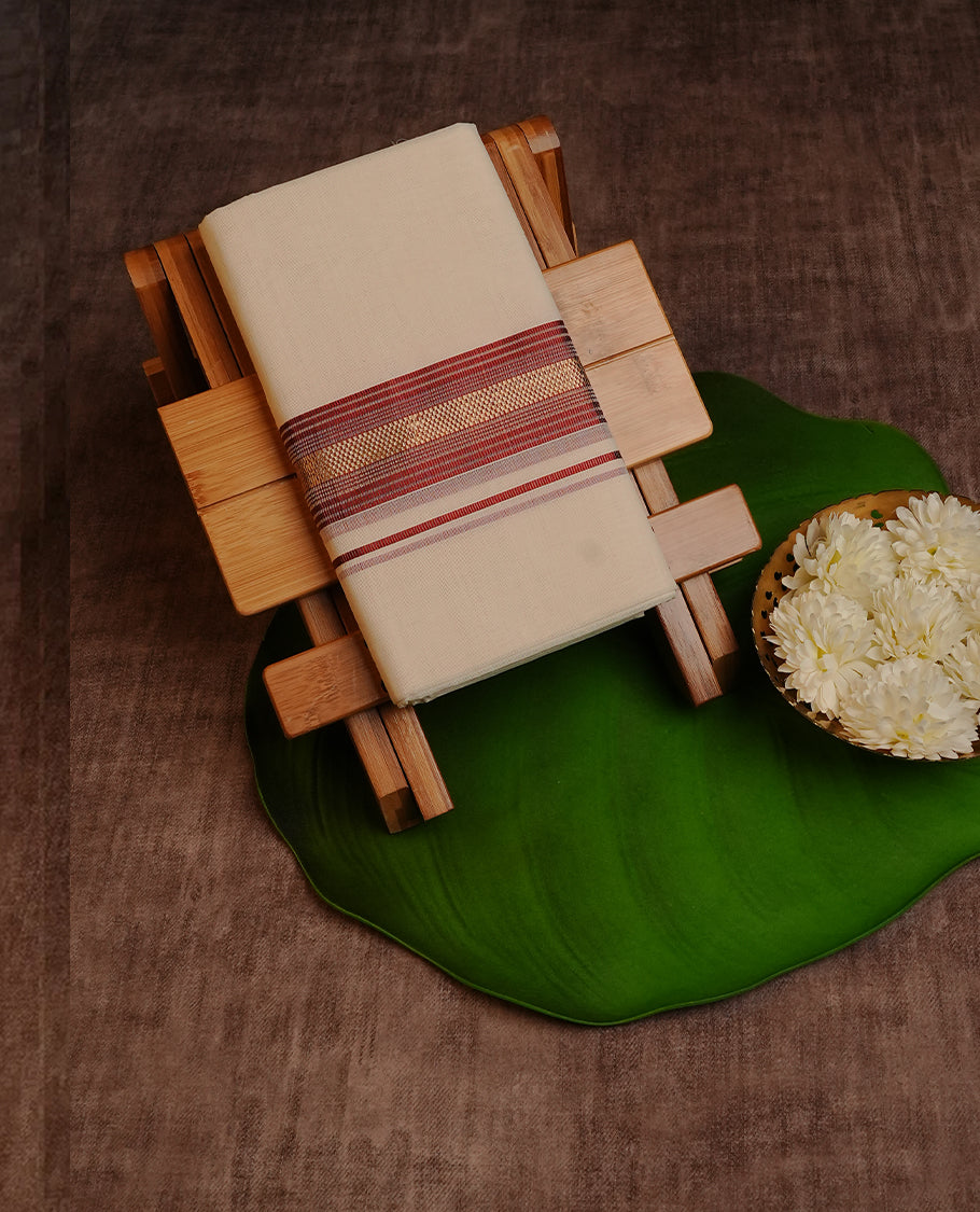 Cream Colour Cotton Double Dhoti Finished With Red & Gold Zari kara.